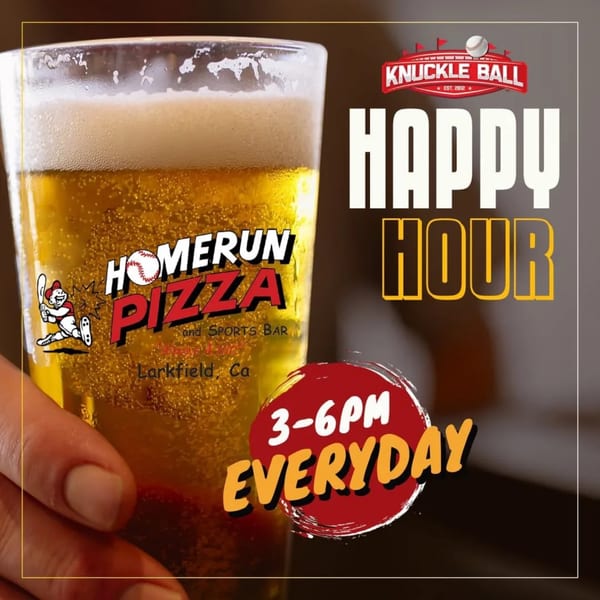 A hand holding a glass of beer with Homerun Pizza and Happy Hour text overlay.