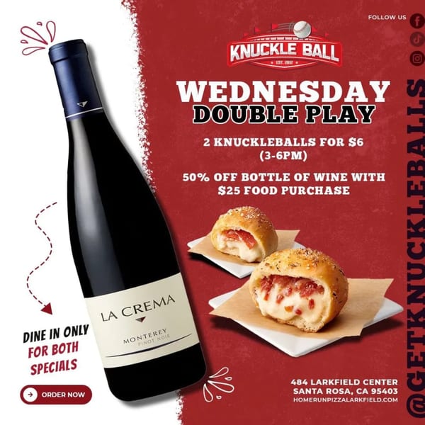 Homerun Pizza's Wednesday Double Play ad with a wine bottle and two cheesy Knuckleballs.